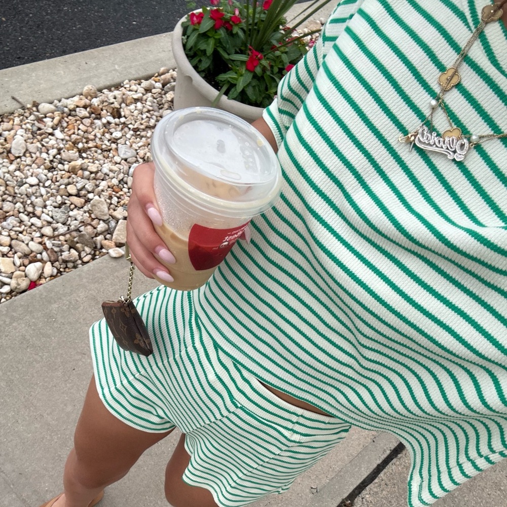 Green Striped Women's Lounge T shirt & Shorts Set